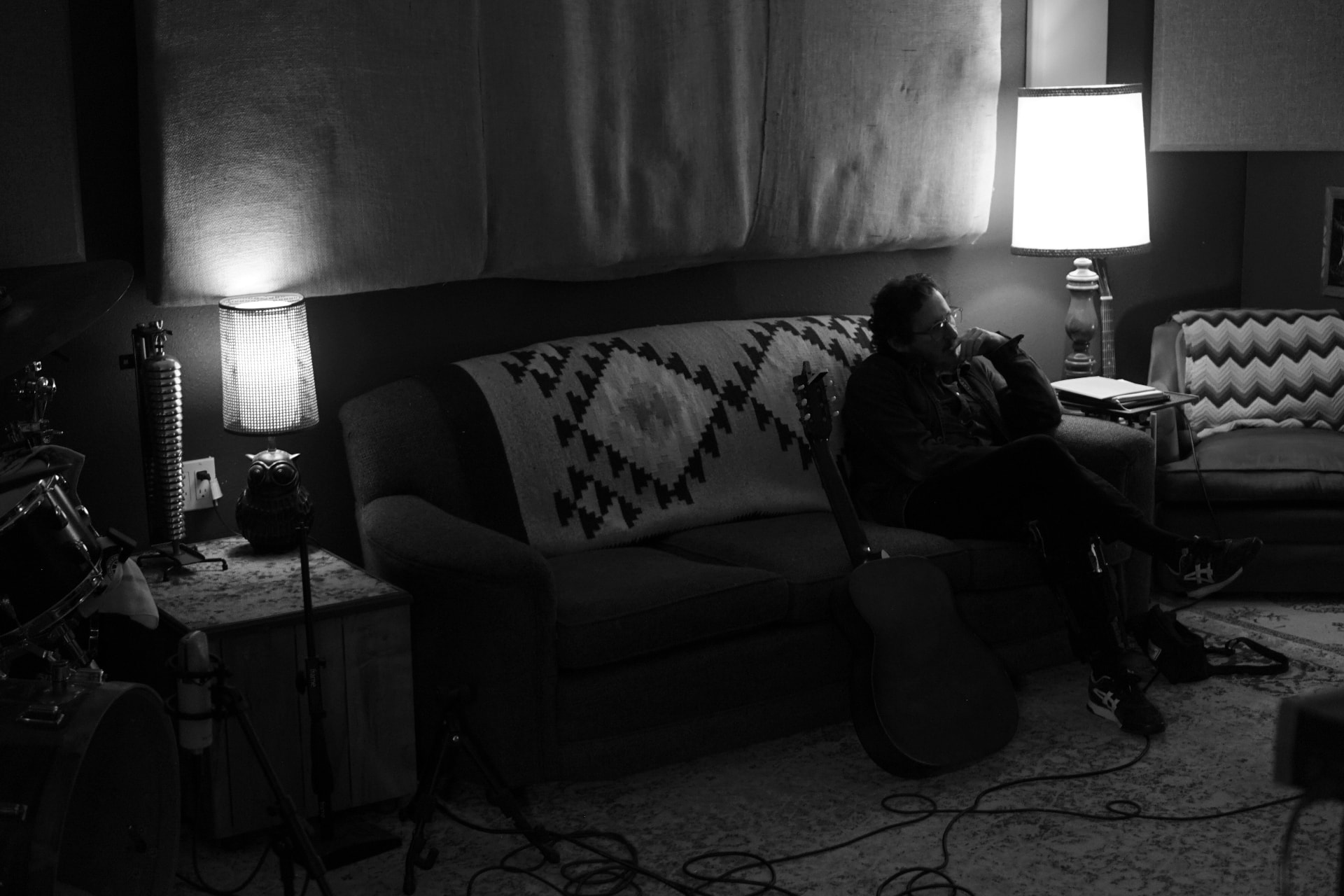 Puff Piece musician seated in the recording studio