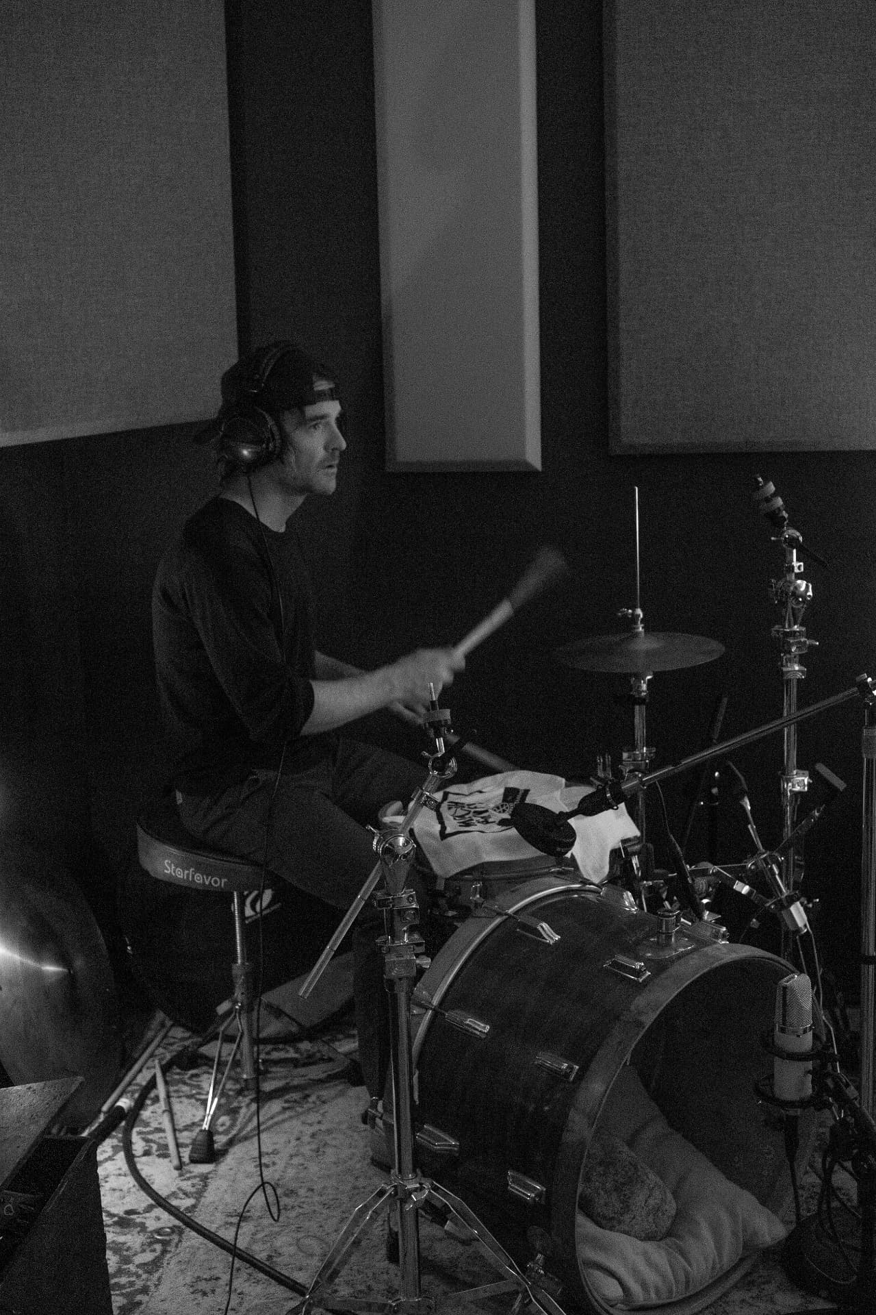 Puff Piece drummer recording in the studio